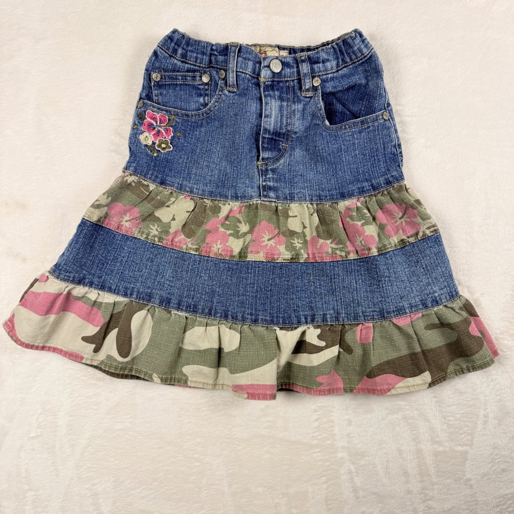 Mudd Kids‎ Girls Denim Skirt Floral Camo Ruffle Tiered Size 6 Y2K Boho